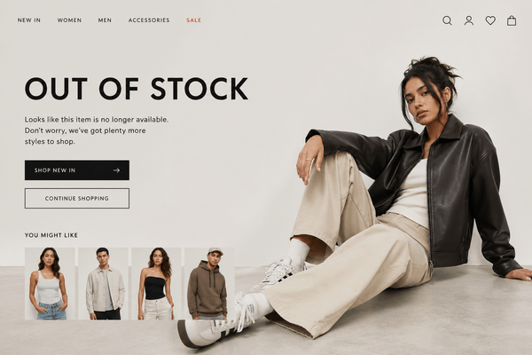 Out of Stock Fashion E Commerce Webpage in a Clean, Minimalist Style. Large Bold Headline Reads “out of Stock” on the Left, With Supporting Text Explaining the Item Is Unavailable and Buttons for “shop New In” and “continue
